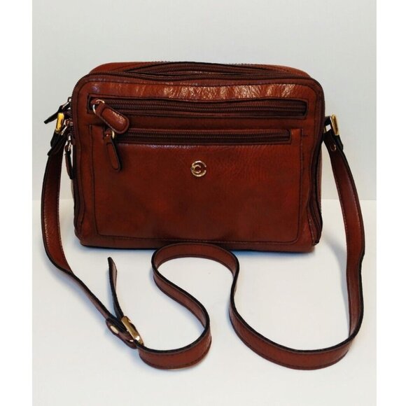 VTG Cornell Brown Leather Double Zipper Crossbody Bag - Picture 1 of 6